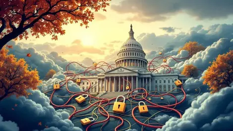 Government building digital clouds tangled wires padlocks security autumn sky