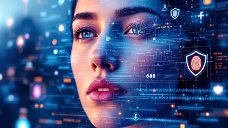 Realistic human face morphing digital screen biometric facial fingerprint cybersecurity shield icons