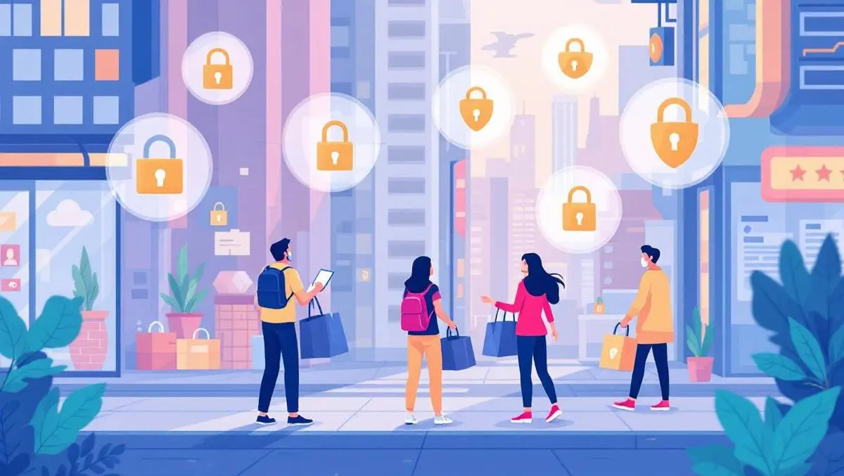 Asian city shoppers selecting products with locks and shield symbols for data privacy security