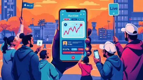 Colorful illustration people holding bid paddles trading cards around smartphone auction australian urban background