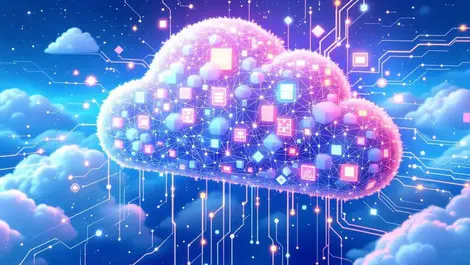 Illustration large cloud interconnected geometric data shapes flowing lines speed scalable storage