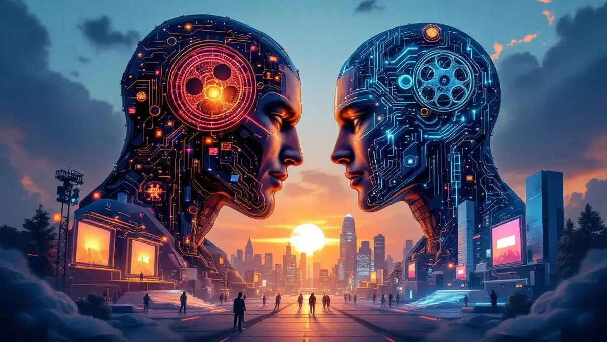 Cinematic film studio vs tech campus with reel streaming bridge