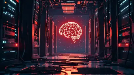 Cluttered legacy server room blocking path to glowing ai brain