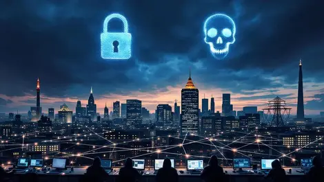 London dusk skyline cyber storm clouds padlock skull hackers net