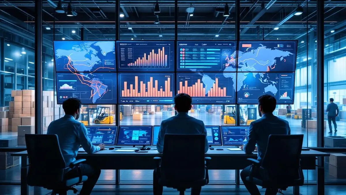 Asian warehouse control room managers monitoring routes forklifts