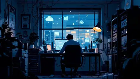 Australian office dusk stressed owner fragile it cyber risk illustration