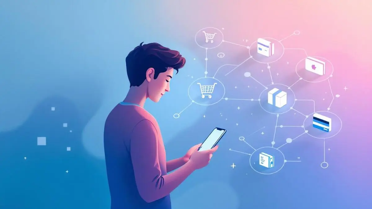 Ai ecommerce hub online shopper smartphone payments icons flow