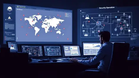 Dim soc with unattended monitors red alerts world map shadow