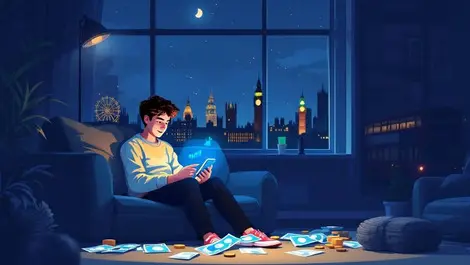 Young adult london flat night budgeting phone glowing graphs