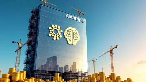 Towering ai office with brain logo cranes and gold coin stacks