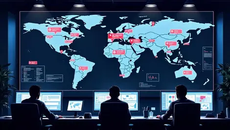 Fraud control center global map analysts tracking red alerts
