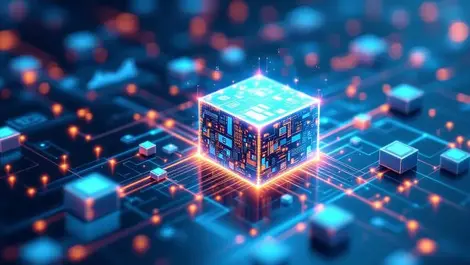 Glowing data nodes converging to central ai data cube cloud visual