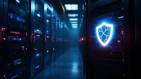 Dim corporate server room flashing red lights cracked shield vulnerability