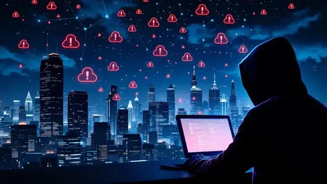 Hooded hacker over asia pacific skyline ai ransomware cloud web